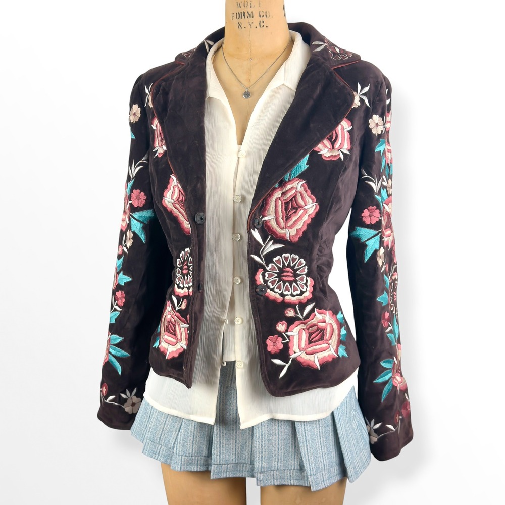 Vtg Cache Floral Embroidered Brown Velvet Fitted Blazer Jacket Sz 4 Y2K Western - Picture 7 of 12